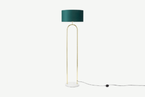 Carmella Stehlampe, Messing, 100 % recycelter Samt in Pfauenblau, Messing und Marmor in Weiss - MADE.com