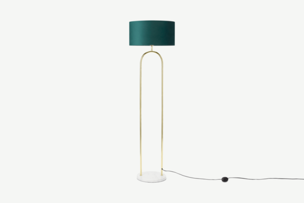 Carmella Stehlampe, Messing, 100 % recycelter Samt in Pfauenblau, Messing und Marmor in Weiss - MADE.com